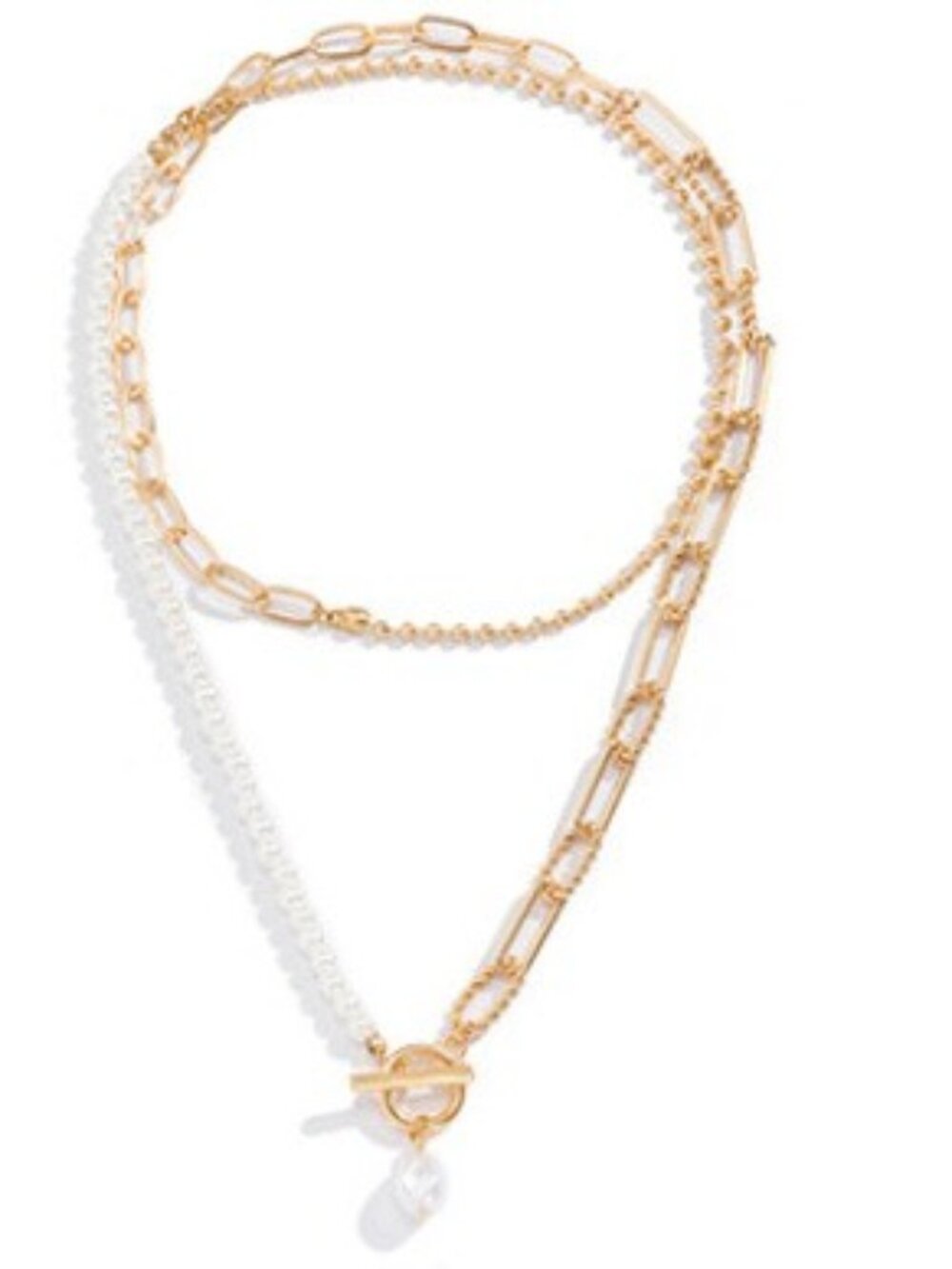 Layered Gold Chain & Faux Pearl Toggle Necklace New Sealed